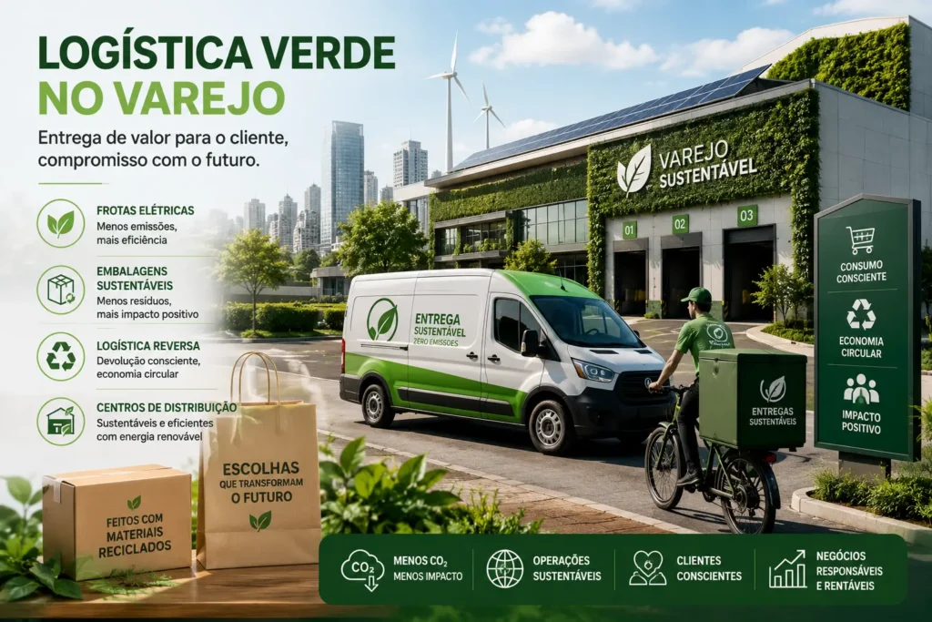 Logística verde no varejo com veículos elétricos, centros de distribuição sustentáveis e entregas de última milha de baixo carbono.