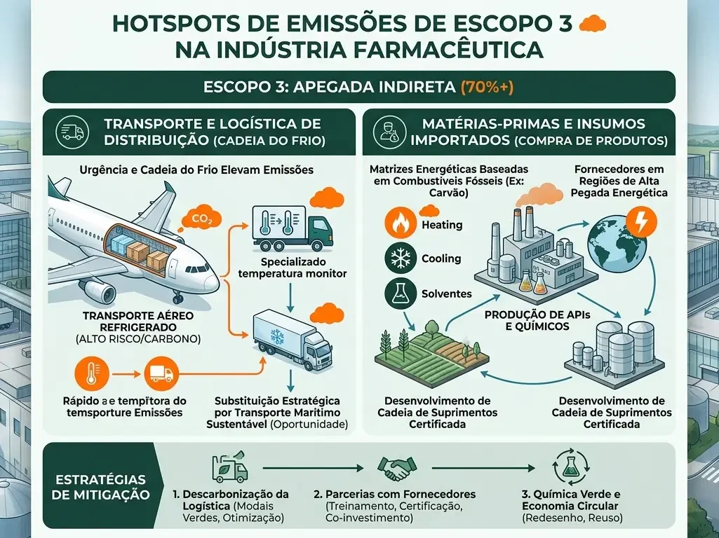 ESG na Indústria Farmacêutica: Infográfico de emissões de Escopo 3 e cadeia de suprimentos farmacêutica.