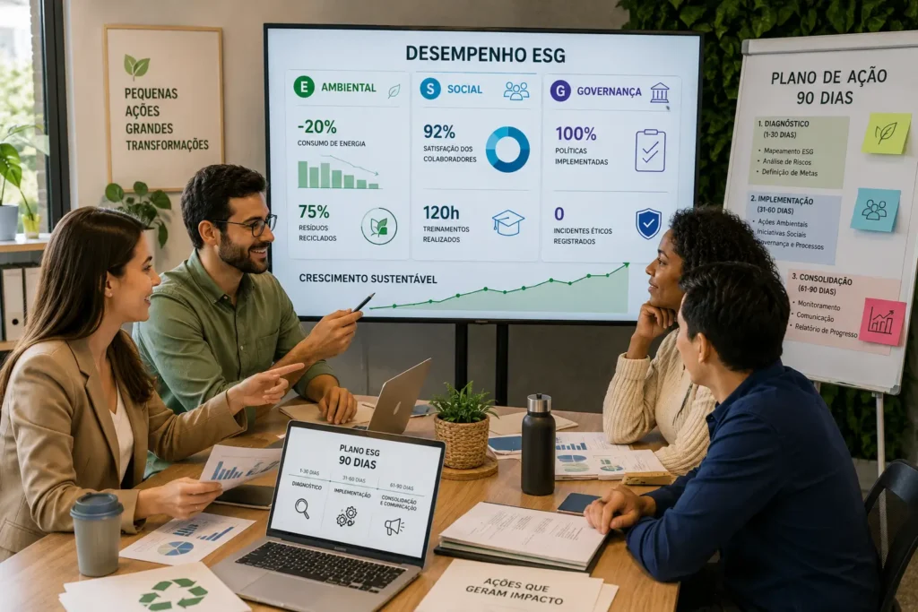 ESG para PME com equipe analisando indicadores, plano de 90 dias e práticas de sustentabilidade empresarial